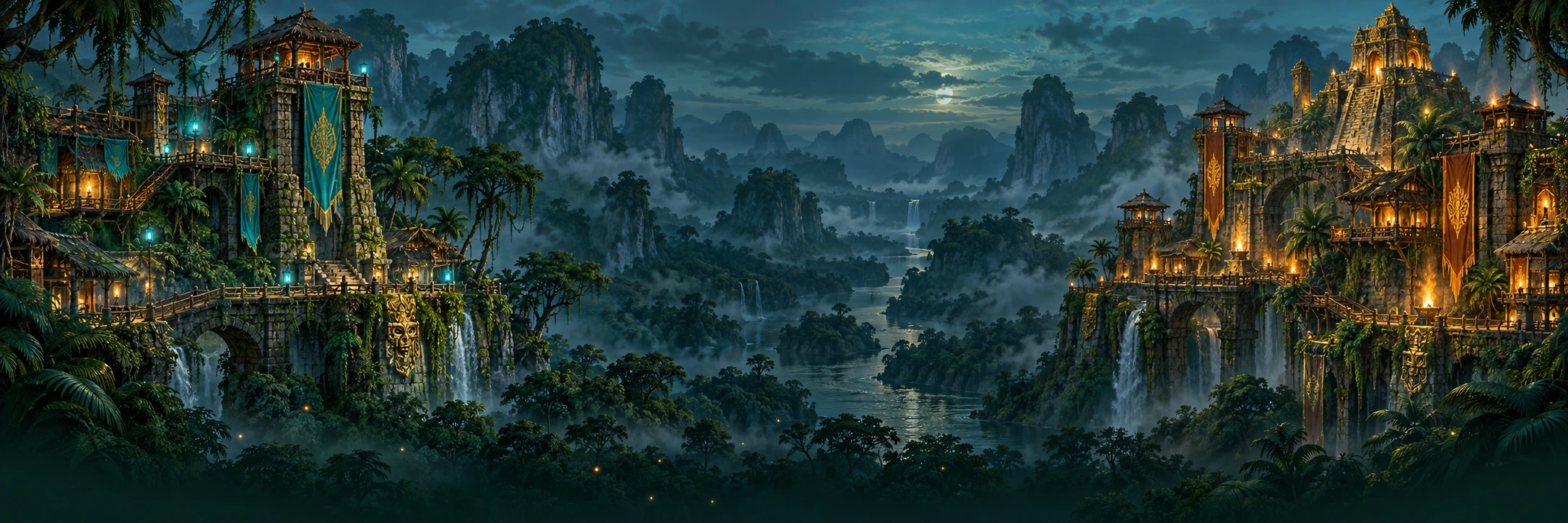 Rival jungle strongholds with teal and amber banners facing each other across a misty river